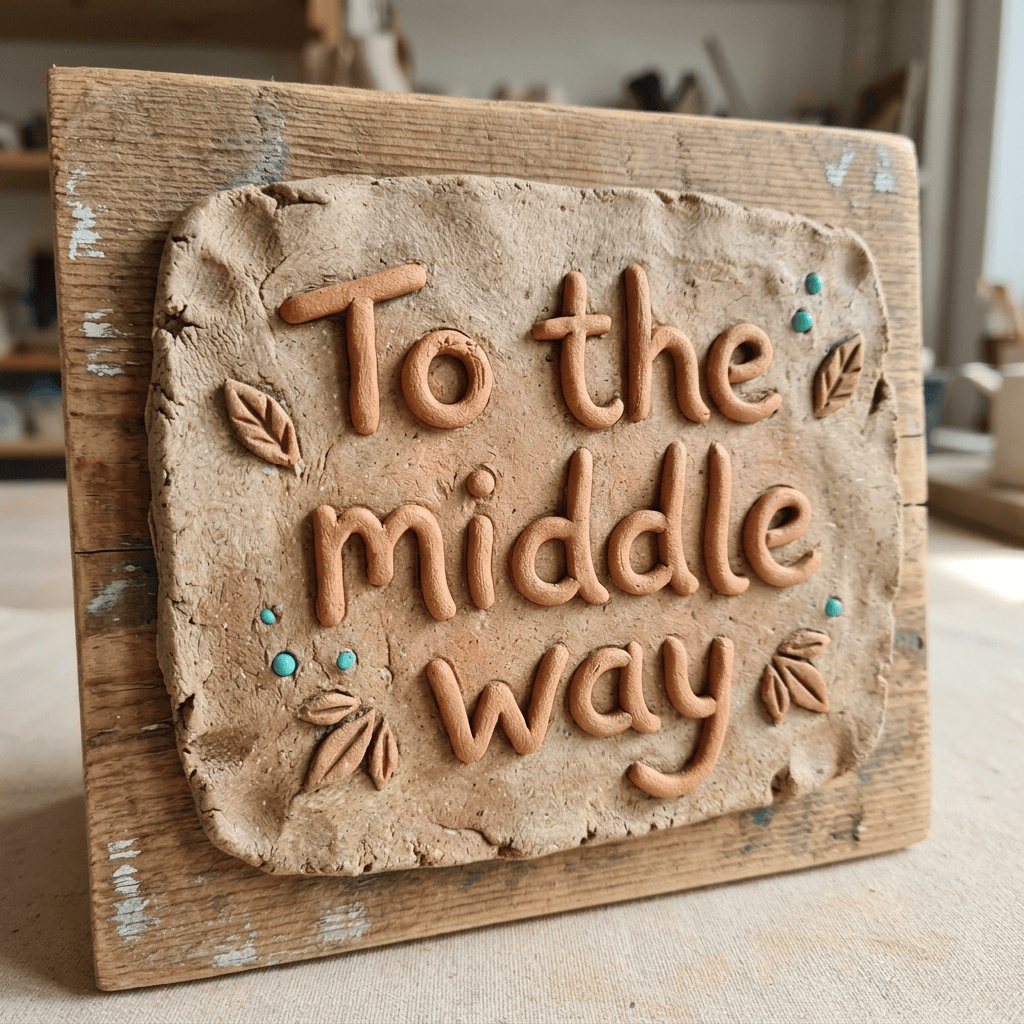 Handmade clay plaque reading “To the middle way”